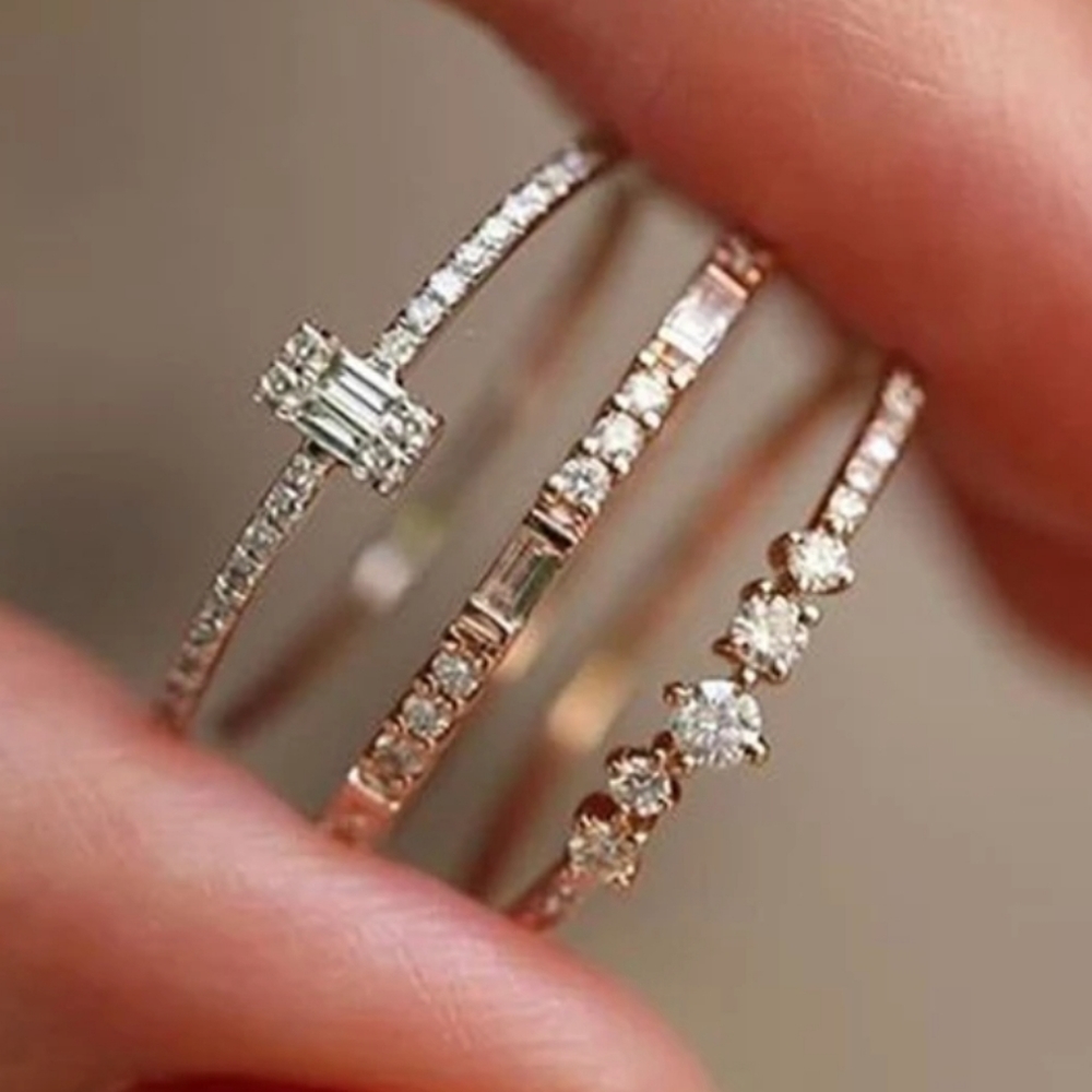 Women's 3 Stackable CZ Diamond Gold Ring Set